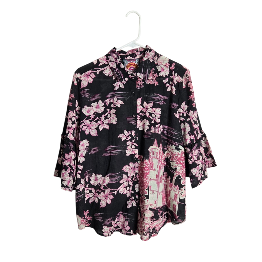 Johnny Was House On The Hill Shirt Black Pink Castle Motif Blouse Ruffle Sleeve